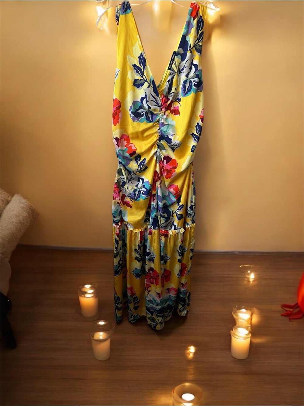 Boston Proper Yellow Floral Maxi Dress with Multicolor Blooms SIZE 18
